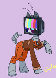 Size: 1959x2717 | Tagged: safe, artist:goldensuculents, artist:goldentomentosa, derpibooru import, earth pony, pony, robot, robot pony, astronaut, boots, clothes, cosmonaut, ears up, elultimotvnauta, helmet, jacket, leather, leather jacket, monochrome, object head, ponified, punto cero, robotic arm, shoes, solo, space helmet, species swap, television, tv head, youtuber