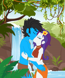 Size: 2496x3000 | Tagged: safe, derpibooru import, rarity, oc, oc:dragun shot, human, equestria girls, bracelet, canon x oc, collar, eyes closed, flower, flower in hair, jewelry, jungle, jungle girl, kiss on the lips, kissing, lake, loincloth, tarzan, water, waterfall