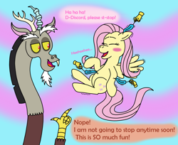 Size: 1780x1454 | Tagged: safe, artist:wolvinof, derpibooru import, discord, fluttershy, draconequus, pegasus, pony, abstract background, blushing, chaos, cute, dialogue, digital art, discord being discord, disembodied hand, duo, eyebrows, eyes closed, feather, floating, funny, hand, laughing, magic, open mouth, open smile, pointing, raised eyebrow, request, requested art, requests, smiling, tickling