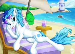 Size: 3038x2194 | Tagged: safe, artist:pixel mint, derpibooru import, oc, oc only, oc:blueblaze stardust, pony, unicorn, :p, beach, cap, chest fluff, drink, ear fluff, ears, female, hat, horn, lighthouse, lying down, mare, on side, solo, sunglasses, sunglasses on head, tongue, tongue out, underhoof, unicorn oc, water