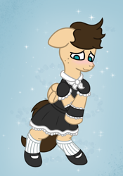 Size: 700x1000 | Tagged: safe, artist:imlpidimon, derpibooru import, oc, oc only, pegasus, pony, clothes, crossdressing, digital art, maid, male, shy, simple background, solo