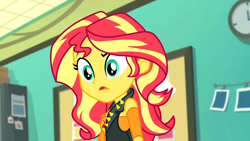 Size: 3410x1920 | Tagged: safe, derpibooru import, screencap, sunset shimmer, human, better together, equestria girls, forgotten friendship, breasts, clothes, confused, cutie mark on clothes, geode of empathy, high res, jewelry, leather, leather vest, magical geodes, necklace, open mouth, png, solo, upscaled, vest