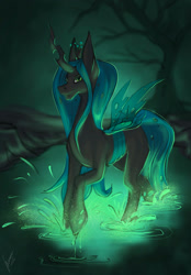 Size: 820x1180 | Tagged: safe, artist:stirren, derpibooru import, queen chrysalis, changeling, pony, solo, swamp