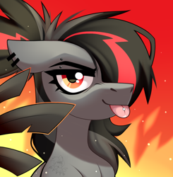 Size: 980x1000 | Tagged: safe, artist:rtootb, derpibooru import, oc, oc only, oc:era, pegasus, pony, :p, black hair, bust, cute, digital art, ear piercing, eyebrows piercing, female, fire, gray oc, icon, looking at you, mare, pegasus oc, piercing, ponytail, portrait, red and black oc, red eyes, simple background, smiling, solo, tongue, tongue out, tongue piercing, wings