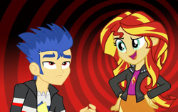 Size: 945x599 | Tagged: safe, derpibooru import, flash sentry, sunset shimmer, better together, equestria girls, duo, duo female, duo male and female, female, hypnosis, hypnotist, hypnotized, male, obey, spiral, sunset, swirly eyes