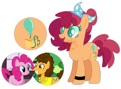 Size: 594x436 | Tagged: safe, artist:cintiasi, derpibooru import, cheese sandwich, pinkie pie, oc, oc:poppy, earth pony, pony, balloon, base used, colored pupils, cutie mark, earth pony oc, female, mare, offspring, parent:cheese sandwich, parent:pinkie pie, parents:cheesepie, screencap reference, simple background, transparent background