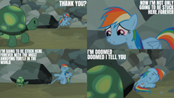 Size: 2000x1125 | Tagged: safe, derpibooru import, edit, edited screencap, editor:quoterific, screencap, rainbow dash, tank, pegasus, pony, tortoise, may the best pet win, crying, dramatic, duo, duo male and female, eyes closed, female, frown, gritted teeth, male, mare, open mouth, rock, sad, scuff mark, stuck, teeth, trapped, wings