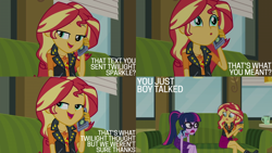 Size: 2000x1125 | Tagged: safe, derpibooru import, edit, edited screencap, editor:quoterific, screencap, sci-twi, sunset shimmer, twilight sparkle, better together, equestria girls, text support, :o, cellphone, confused, cup, duo, duo female, female, geode of empathy, geode of telekinesis, implied timber spruce, jaw drop, magical geodes, open mouth, open smile, phone, phone call, shocked, smartphone, smiling, sofa, teabag