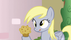 Size: 520x293 | Tagged: safe, derpibooru import, screencap, derpy hooves, princess ember, dragon, pegasus, pony, triple threat, animated, female, food, mare, muffin, solo focus, stealing, that pony sure does love muffins