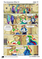 Size: 2726x3802 | Tagged: safe, artist:atariboy2600, artist:bluecarnationstudios, derpibooru import, applejack, princess celestia, princess luna, principal celestia, rainbow dash, human, comic:the amazonian effect, comic:the amazonian effect iv, equestria girls, angry, applejacked, applerack, breasts, canterlot high, clothes, converse, female, muscles, muscular female, princess breastia, rainboob dash, rainbuff dash, shoes