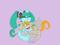 Size: 1600x1200 | Tagged: safe, artist:goldensuculents, derpibooru import, derpy hooves, earth pony, pegasus, pony, anime, food, hatsune miku, headphones, hug, muffin, pigtails, ponified, species swap, vocaloid