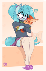 Size: 2943x4524 | Tagged: safe, artist:nevobaster, derpibooru import, oc, oc only, oc:whispy slippers, anthro, abstract background, blushing, clothes, glasses, hug, hugging a plushie, plushie, ponytail, sitting, skirt, smiling, socks, solo, striped socks, sweater