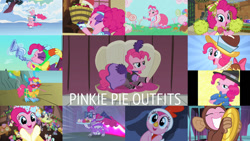 Size: 1280x721 | Tagged: safe, derpibooru import, editor:quoterific, chancellor puddinghead, fili-second, pinkie pie, a hearth's warming tail, all bottled up, dragonshy, hearth's warming eve (episode), luna eclipsed, over a barrel, scare master, school raze, suited for success, testing testing 1-2-3, the crystal empire, winter wrap up, animal costume, chicken pie, chicken suit, clothes, costume, cymbal monkey, dress, flugelhorn, gala dress, ice skating, musical instrument, party horn, pinkie puffs, power ponies, rapper pie, saloon dress, saloon pinkie, spirit of hearth's warming presents, sunglasses