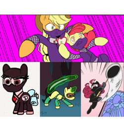 Size: 1080x1080 | Tagged: safe, derpibooru import, apple bloom, applejack, cozy glow, pinkie pie, oc, oc:chestnut cake, earth pony, pegasus, pony, unicorn, apple sisters, butterfly net, magic, ninja, siblings, sisters, sword, telekinesis, weapon