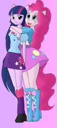 Size: 1024x2296 | Tagged: safe, artist:muchigirl, derpibooru import, pinkie pie, twilight sparkle, human, equestria girls, duo, hug, open mouth, open smile, ponied up, smiling