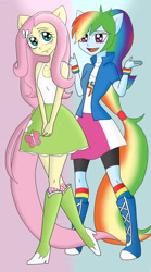 Size: 667x1199 | Tagged: safe, artist:muchigirl, derpibooru import, fluttershy, rainbow dash, human, equestria girls, duo, open mouth, open smile, ponied up, smiling