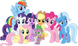 Size: 1077x645 | Tagged: safe, derpibooru import, edit, applejack, fluttershy, pinkie pie, rainbow dash, rarity, spike, trixie, twilight sparkle, twilight sparkle (alicorn), alicorn, dragon, earth pony, pegasus, pony, unicorn, mane seven, mane six, princess trixie sparkle, vector, vector edit