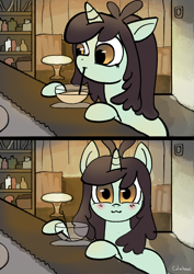 Size: 1406x1981 | Tagged: safe, artist:colochenni, derpibooru import, sprout greenhoof, pony, unicorn, :3, bar, cup, drawthread, drinking, drinking straw, las pegasus resident, looking at you, meme, ponified, ponified meme, solo, table