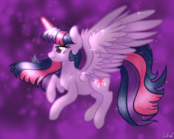 Size: 2000x1600 | Tagged: safe, artist:lostsheep, derpibooru import, twilight sparkle, twilight sparkle (alicorn), alicorn, pony, female, flying, glowing, glowing horn, horn, magic, mare, solo, sparkles, stars, wings