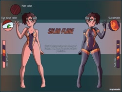 Size: 2500x1875 | Tagged: safe, artist:devillustart, derpibooru import, oc, oc only, oc:solar flare(fire), human, clothes, fireheart76's latex suit design, gloves, humanized, latex, latex boots, latex gloves, latex stockings, latex suit, prisoners of the moon, reference sheet, rubber, rubber gloves, rubber suit, stockings, thigh highs