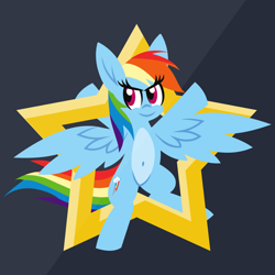 Size: 1200x1200 | Tagged: safe, artist:tridashie, derpibooru import, rainbow dash, pegasus, pony, advertisement, advertisement in description, belly button, bipedal, eye clipping through hair, female, full body, looking at you, mare, pale belly, redbubble, simple background, smiling, smiling at you, solo, stars, teepublic