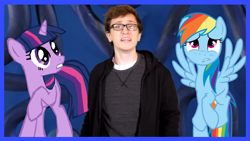 Size: 1920x1080 | Tagged: safe, artist:44nifty, derpibooru import, rainbow dash, twilight sparkle, unicorn twilight, human, pegasus, pony, unicorn, crossover, female, irl, irl human, male, mare, photo, ponies in real life, scared, scott the woz