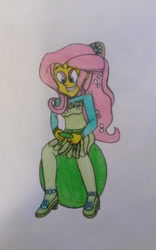 Size: 1280x2048 | Tagged: safe, artist:ewie2002, derpibooru import, fluttershy, human, humanized, solo, space hopper, traditional art