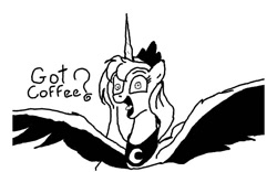 Size: 640x400 | Tagged: safe, artist:brongaar, derpibooru import, princess luna, alicorn, pony, black and white, female, grayscale, hypercaffinated, jewelry, luna found the coffee, mare, monochrome, open mouth, open smile, peytral, shrunken pupils, simple background, smiling, solo, spread wings, style emulation, tiara, white background, wings