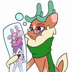 Size: 3000x3000 | Tagged: safe, artist:mrneo, derpibooru import, cashmere (tfh), oc, oc:mohair, deer, reindeer, them's fightin' herds, antlers, body pillow, clothes, community related, glasses, scarf, simple background, sleepy, solo, white background