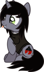 Size: 713x1162 | Tagged: safe, artist:lightningbolt, derpibooru exclusive, derpibooru import, pony, unicorn, .svg available, clothes, derp, disguise, disguised siren, fangs, horn, jewelry, kellin quinn, male, necklace, raised hoof, raised leg, scrunchy face, shirt, simple background, sitting, sleeping with sirens, solo, stallion, svg, t-shirt, tongue, tongue out, transparent background, vector