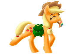 Size: 2880x2160 | Tagged: safe, artist:stellardust, derpibooru import, applejack, earth pony, pony, apple, applejack's hat, backpack, bag, bread, clothes, cowboy hat, cute, ear fluff, ears, eyes closed, female, food, happy, hat, high res, jackabetes, jam, mare, saddle bag, simple background, solo, transparent background, walking, zap apple, zap apple jam