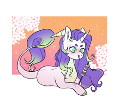 Size: 1376x1140 | Tagged: safe, artist:void-sommar, derpibooru import, oc, oc only, dracony, hybrid, unicorn, blushing, dracony oc, female, flower, food, heart, heart eyes, hoof hold, horns, interspecies offspring, licking, licking lips, lying down, mare, marshmallow, offspring, parent:rarity, parent:spike, parents:sparity, passepartout, prone, roasted marshmallow, solo, tongue, tongue out, wingding eyes