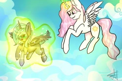 Size: 1280x853 | Tagged: safe, artist:deadsmoke, derpibooru import, princess celestia, princess luna, alicorn, pony, alicorns, children, cute, duo, duo female, female, filly, foal, happy, magic, royal sisters, royals, siblings, sisters, sky, wings, young celestia, young luna, younger