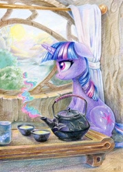 Size: 860x1200 | Tagged: safe, artist:maytee, derpibooru import, twilight sparkle, unicorn twilight, pony, unicorn, colored pencil drawing, cup, ears, female, floppy ears, mare, scenery, sitting, solo, teacup, teapot, traditional art, window