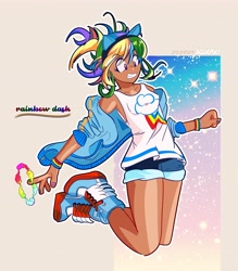 Size: 5045x5763 | Tagged: safe, artist:aquapulp, derpibooru import, rainbow dash, human, armband, clothes, dark skin, female, humanized, kotobukiya, kotobukiya rainbow dash, nail polish, pony ears, shoes, shorts, solo, tanktop