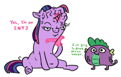 Size: 643x408 | Tagged: safe, artist:jargon scott, derpibooru import, spike, twilight sparkle, unicorn twilight, dragon, pony, unicorn, belly button, big brain, dialogue, duo, emoji, female, hand, hand on chin, lidded eyes, magic, magic hands, male, mare, myers-briggs, sitting, smiling, spike ball, thinking, thinking emoji, underhoof, vein bulge