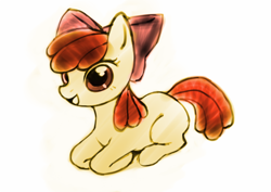 Size: 600x424 | Tagged: safe, artist:aruurara, derpibooru import, apple bloom, earth pony, pony, female, filly, foal, lying down, prone, simple background, solo, white background