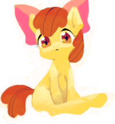 Size: 438x475 | Tagged: safe, artist:aruurara, derpibooru import, apple bloom, earth pony, pony, female, filly, foal, looking at you, simple background, sitting, solo, white background