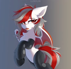 Size: 3366x3294 | Tagged: safe, artist:lunylin, derpibooru import, oc, oc only, bat pony, amputee, bat pony oc, chest fluff, fangs, gradient background, open mouth, prosthetic limb, prosthetics, simple background, spread wings, wings