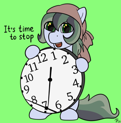 Size: 1702x1728 | Tagged: safe, artist:hardrock, derpibooru import, oc, oc only, oc:dusty soil, earth pony, pony, clock, earth pony oc, female, green background, it's time to stop, looking at you, mare, meme, oda 997, simple background, solo
