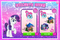 Size: 1966x1297 | Tagged: safe, derpibooru import, blue bobbin, rarity, pony, unicorn, advertisement, balloon, bush, clothes, costs real money, english, female, gameloft, gem, glasses, hair bun, horn, mannequin, mare, mirror, mobile game, my little pony: magic princess, numbers, official, plushie, raised hoof, raised leg, sale, shocked, shocked expression, surprised, text