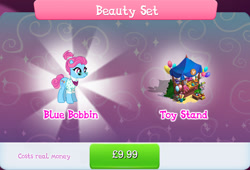 Size: 1266x860 | Tagged: safe, derpibooru import, blue bobbin, pony, unicorn, balloon, bundle, bush, clothes, costs real money, english, female, gameloft, glasses, hair bun, horn, mare, mobile game, my little pony: magic princess, numbers, official, plushie, sale, text