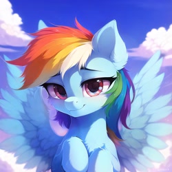 Size: 2560x2560 | Tagged: safe, derpibooru import, machine learning generated, rainbow dash, pegasus, pony, cloud, cute, dashabetes, eyebrows, eyebrows visible through hair, female, high res, looking at you, mare, sky, smiling, smiling at you, solo, spread wings, wings