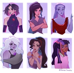 Size: 720x713 | Tagged: safe, artist:naman_doodles, derpibooru import, twilight sparkle, human, amethyst (steven universe), aphrodite, dark skin, dc comics, disney, gem, glasses, hercules, humanized, megara, ponytail, raven (dc comics), six fanarts, steven universe, teen titans, vidia