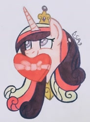 Size: 1157x1572 | Tagged: safe, artist:chewy-tartz, derpibooru import, princess cadance, alicorn, bust, heart, portrait, solo, traditional art