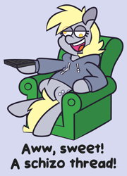 Size: 4512x6251 | Tagged: safe, artist:threetwotwo32232, derpibooru import, derpy hooves, pegasus, pony, clothes, family guy, female, gray background, hoodie, mare, meme, parody, ponified, ponified meme, remote, simple background, sofa, solo