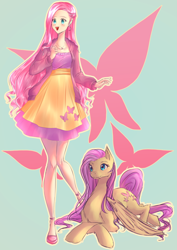 Size: 2140x3024 | Tagged: safe, artist:tatsuk0, derpibooru import, fluttershy, human, pegasus, pony, clothes, cutie mark background, dress, female, human ponidox, humanized, jacket, jewelry, lying down, mare, necklace, open mouth, open smile, prone, self paradox, self ponidox, smiling