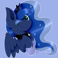 Size: 1000x1000 | Tagged: safe, artist:kathepart, derpibooru import, princess luna, alicorn, blue background, clothes, collar, crown, jewelry, regalia, shoes, simple background, solo, spread wings, wings