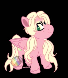 Size: 629x722 | Tagged: safe, artist:nayladoodles, derpibooru import, oc, oc only, oc:jubilee, pegasus, base used, black background, chibi, female, folded wings, green eyes, mare, offspring, parent:big macintosh, parent:fluttershy, parents:fluttermac, pegasus oc, pink coat, signature, simple background, smiling, traditional art, wings