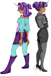 Size: 589x884 | Tagged: safe, artist:himram, derpibooru import, starlight glimmer, human, boots, clothes, dark skin, high heel boots, horn, humanized, shirt, shoes, shorts, simple background, solo, transparent background, uniform